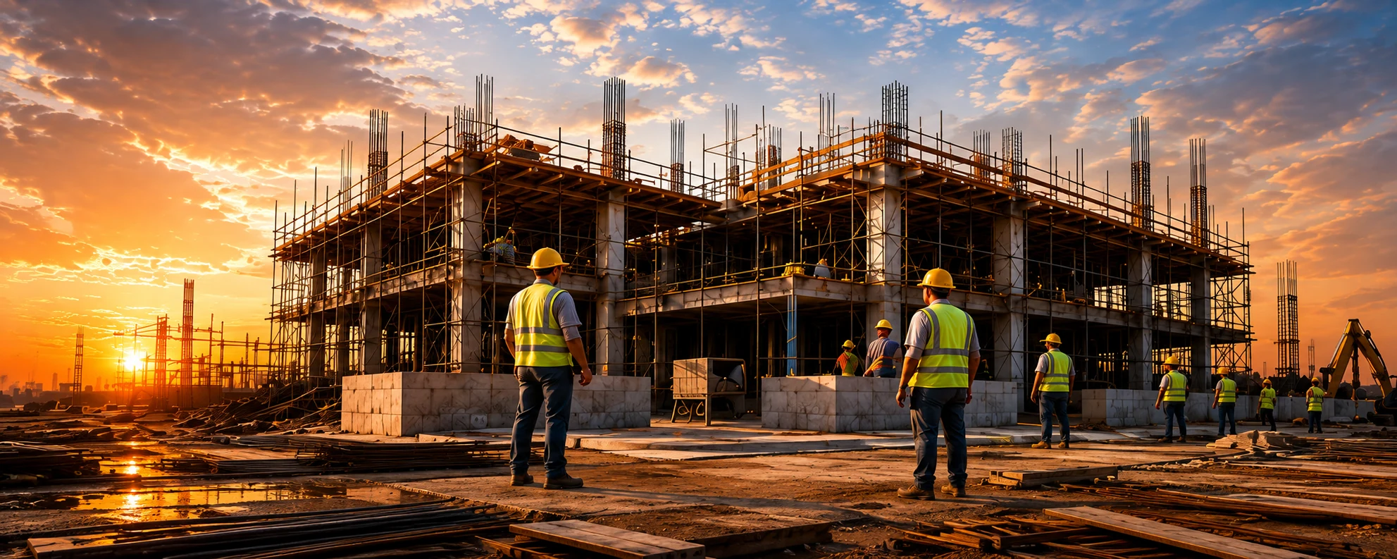 Building construction site with workers and scaffolding by SPS ArchBuilds